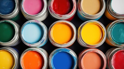 Colorful paint cans displayed in grid pattern. Variety of vibrant hues provide creative inspiration. Art supplies for painting projects design. Perfect for school craft projects home painting.