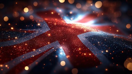 Sparkling Union Jack flag, glittering texture, bokeh lights.