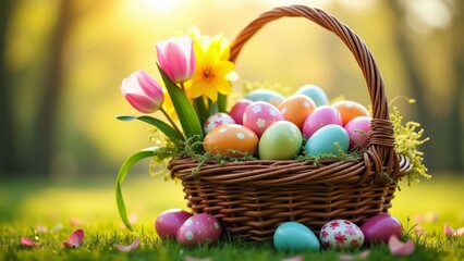 Naklejka premium A basket overflowing with decorated Easter eggs, fresh spring flowers, and candies. Sunlit ambiance with green grass and petals creates a joyful, abundant spring scene.
