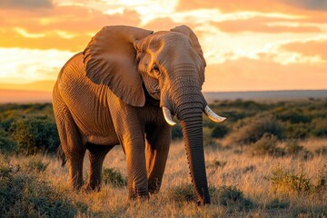 Fototapeta premium African elephant silhouetted against a vibrant sunset.