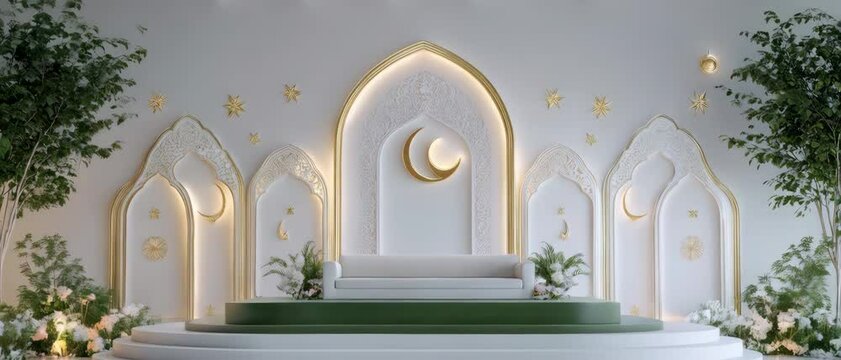 Anamorphic video Happy eid al fitr podium minimal 3d animation. Animated islamic background. Animated ramadan podium background