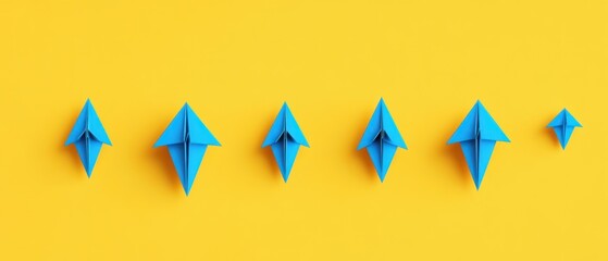 Fototapeta premium Blue Paper Airplanes Ascending on Yellow Background Representing Business Growth and Success