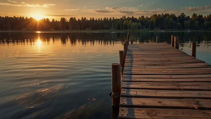 Naklejka premium Wooden pier on the lake at sunset