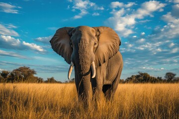 Fototapeta premium Majestic African elephant in tall grass under a vibrant blue sky.