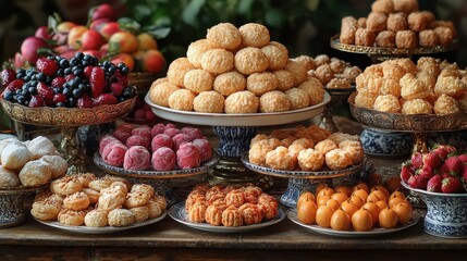 A vibrant display of assorted fruits and pastries on elegant serving dishes.