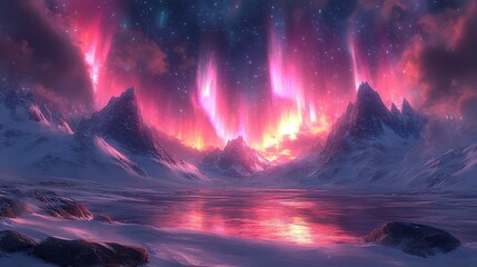 Obraz premium A stunning landscape featuring mountains, a reflective lake, and vibrant auroras.