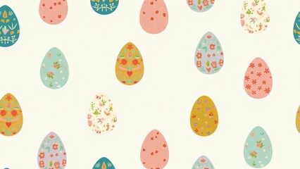 A seamless pattern of colorful Easter eggs with modern and vintage designs, ideal for fabric prints, stationery, and digital decor. Bold colors, pastel florals, and geometric shapes.