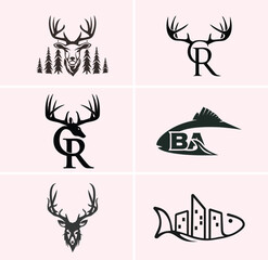 hunting Deer Duck and fish minimalist logo design	