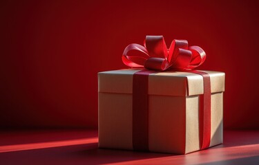 Red Gift Box with Ribbon on Silk Cloth for Christmas and Valentine Celebration in 3D Rendered Display