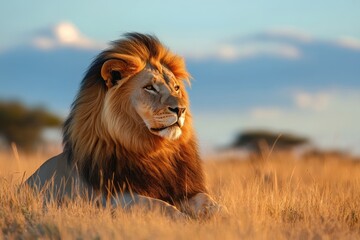 Fototapeta premium Majestic male lion rests in golden savanna grass at sunset.