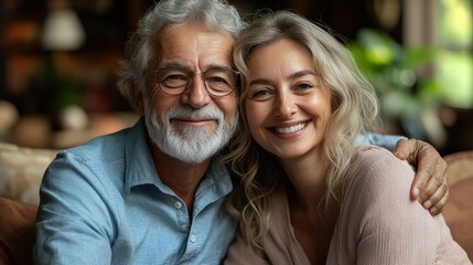 A joyful elderly man and woman share a warm embrace, smiling together.