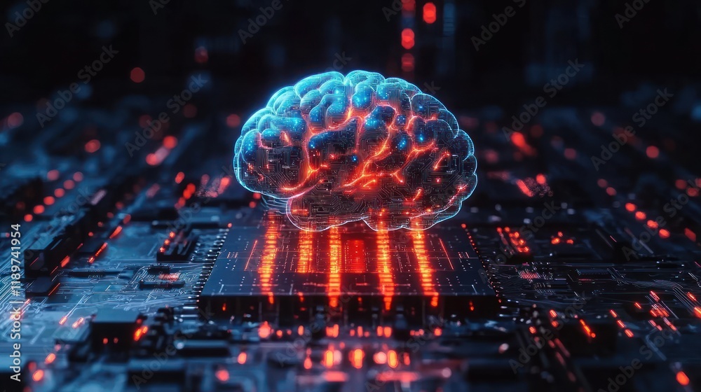 Aufkleber 3D Brain Circuit on Microchip Glowing in Blue and Red for AI and Big Data Processing