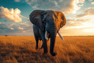 Fototapeta premium Majestic African elephant silhouetted against a vibrant sunset.