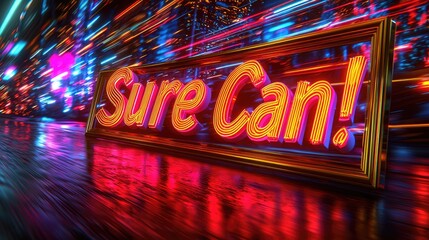 Neon sign inviting people to join, illuminated at night in an industrial area with a wet street reflecting lights, suggesting community engagement