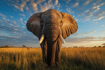 Naklejka premium Majestic African elephant in golden savanna at sunset.