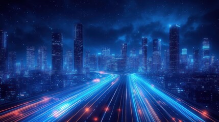 Fototapeta premium Futuristic Cityscape at Night with Neon Lights and Dynamic Light Trails in Cyberpunk Style