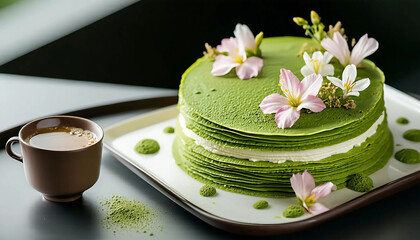 A layered matcha mille-crepe cake with precise layers of green and cream, topped with delicate edibl