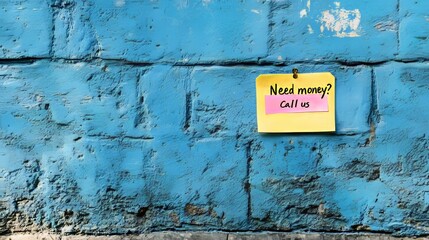 Financial Loan Advertisement Pastel Note on a Vivid Blue Wall, Offering Help with Money Worries