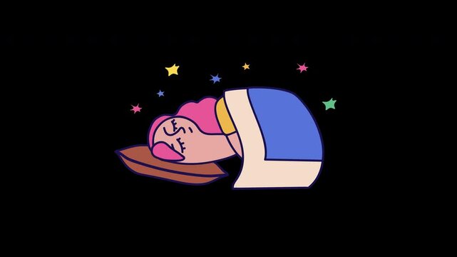 A cartoon illustration of a person with pink hair sleeping peacefully on a pillow, surrounded by colorful stars, in a flat design style.