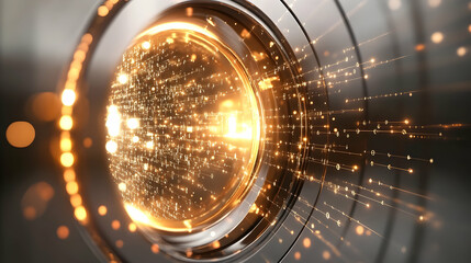 Secure data access concept represented by a metallic 3D vault door with a glowing golden outline and visible data streams