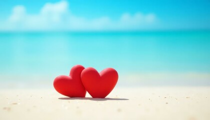 Fototapeta premium Two Red Hearts on Beach Sand Romantic Getaway