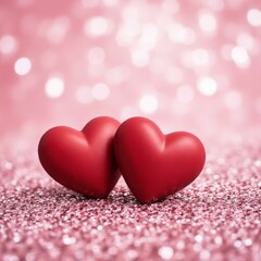 Two Red Hearts on Pink Glitter, Romantic Love Background