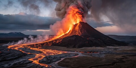 Active volcano erupts with flowing lava in dramatic twilight landscape surrounded by smoke and ash