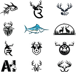 hunting Deer Duck and fish minimalist logo design	