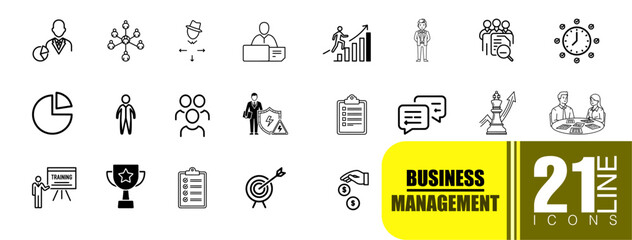business and management icons sheet including performance evaluation, networking, decision making, employee, career growth, businessman, human resources, time management thin line icon