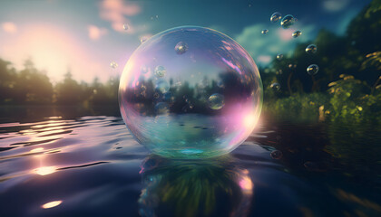 Floating spherical glass globe on water with reflective surface,nature reflective view .