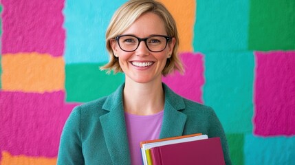 Inspirational education moment with teacher holding books in classroom bright environment engaging viewpoint