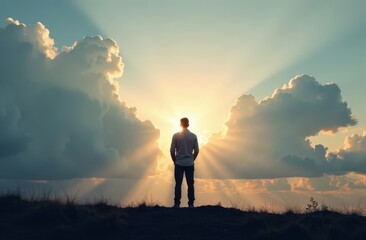 Silhouette of alone person looking at heaven. Lonely man standing in fantasy landscape with shining cloudy sky