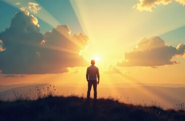 Silhouette of alone person looking at heaven. Lonely man standing in fantasy landscape with shining cloudy sky