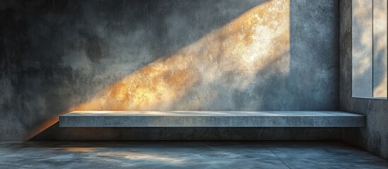 Minimalist Concrete Interior Scene with Dramatic Lighting Focused on Textured Wall and Smooth Shelf