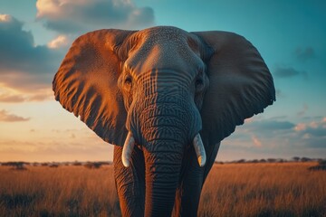 Fototapeta premium Majestic African elephant at sunset. Golden hour light bathes its wrinkled skin.