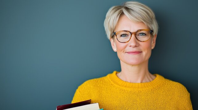Smiling female teacher holding books in classroom setting education focused inspiring learning environment