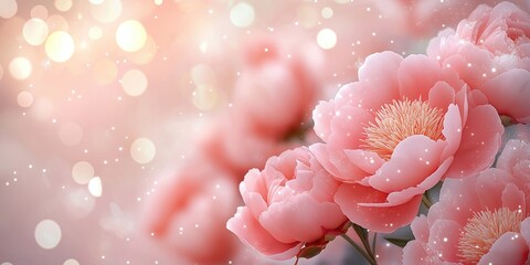 Obraz premium Beautiful pink peonies with soft bokeh lights, glitter. Romantic floral background. Perfect for wedding card, banner for love Valentines day. Spring summer floral design. Focus on beautiful blossoms,