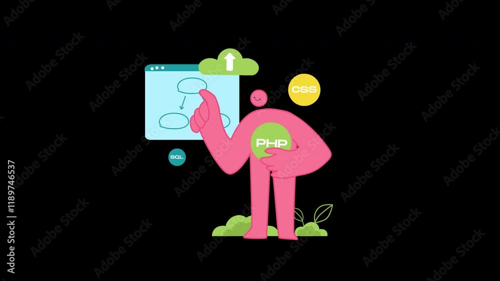 Poster a colorful cartoon character presenting web development concepts, highlighting php, css, and sql.