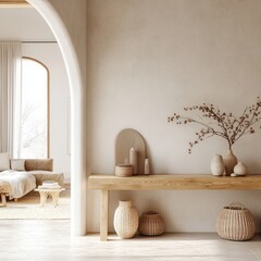Minimalist Interior Scene Natural Light Console Table Cozy Seating Area Decor