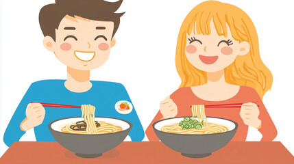 A Caucasian couple smiling and eating udon in Japan