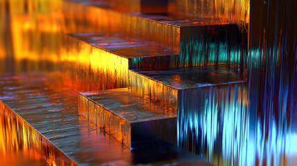 A unique waterfall chart with glowing cascading steps in rich metallic tones, highlighted by a reflective holographic base—perfect for data analysis, financial trends, and innovative tech presentation