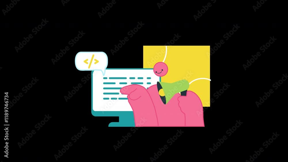 Poster a cartoon character interacting with a computer, showcasing programming with playful colors and desi