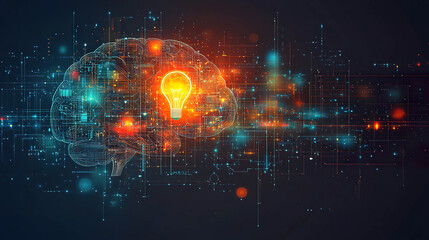 Obraz premium Digital brain with an orange glowing light bulb in a futuristic interconnected data environment. Generated with AI.