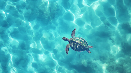 Naklejka premium A peaceful watercolor painting of a turtle swimming in crystal-clear blue water 