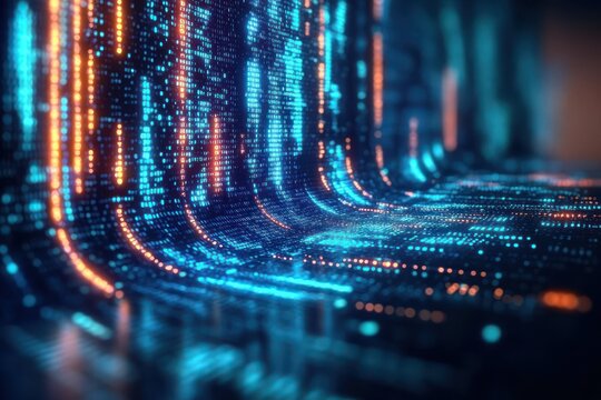 Futuristic Digital Landscape with Flowing Code Abstract Technology Background in Cyberpunk Style