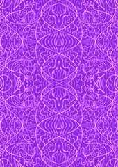 Hand-drawn abstract seamless ornament. Neon purple (proton purple) background and glowing pink pattern on it. Cloth texture. Digital artwork, A4, vertical. (pattern: p02-2d)