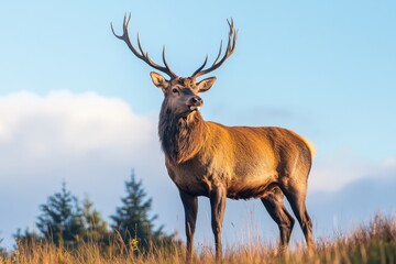 Majestic red deer stag with large antlers in a golden field.