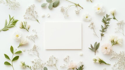 Elegant blank white wedding invitation card surrounded by delicate floral elements. Delicate flowers, foliage artfully arranged around empty paper card. Blank paper card perfect for product mockups