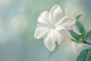 Fototapeta premium Elegance Embodied: The Pristine Beauty of a Serene White Jasmine Bloom Amidst Green Foliage