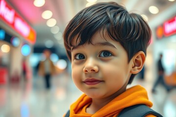 A cheerful young boy with sparkling eyes explores a vibrant shopping mall, surrounded by family while capturing the joy of shopping and adventure together